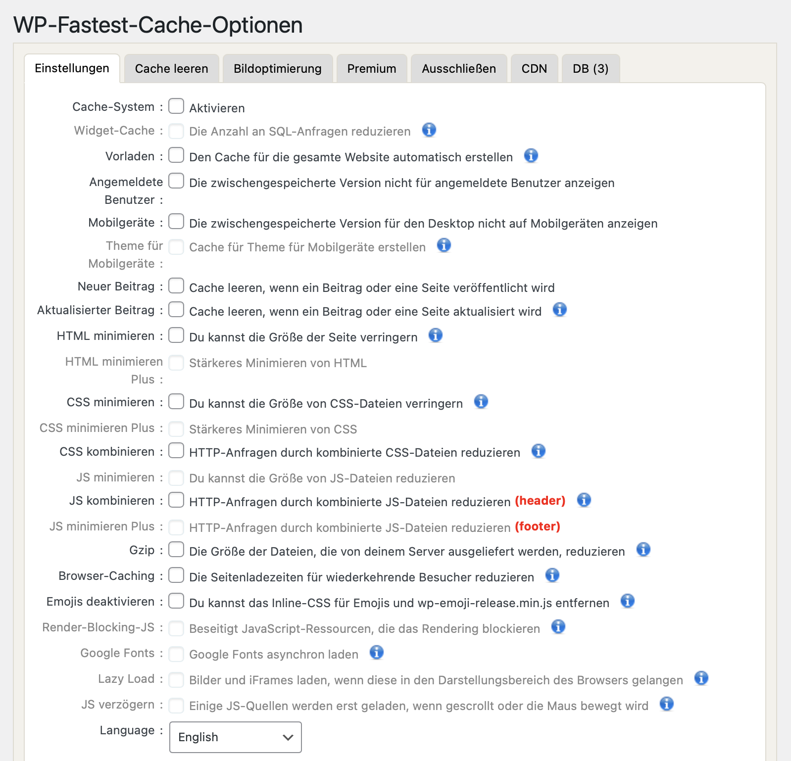Einstellungsmaske des WordPress-Caching-Plugin WP Fastest Cache im WordPress-Backend Einstellungsmaske des WordPress-Caching-Plugin WP Fastest Cache im WordPress-Backend
