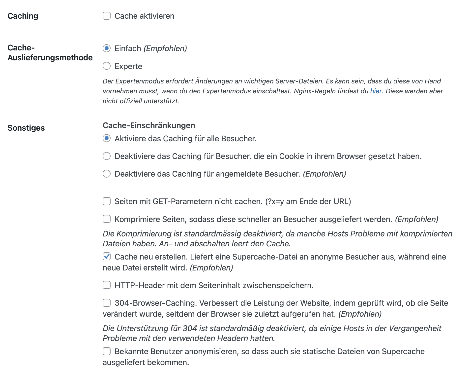 Backend-Einstellungen des WordPress-Caching-Plugins WP Super Cache Backend-Einstellungen des WordPress-Caching-Plugins WP Super Cache