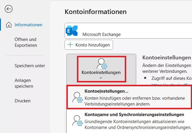 Outlook-Menü „Kontoinformationen“ Outlook-Menü „Kontoinformationen“