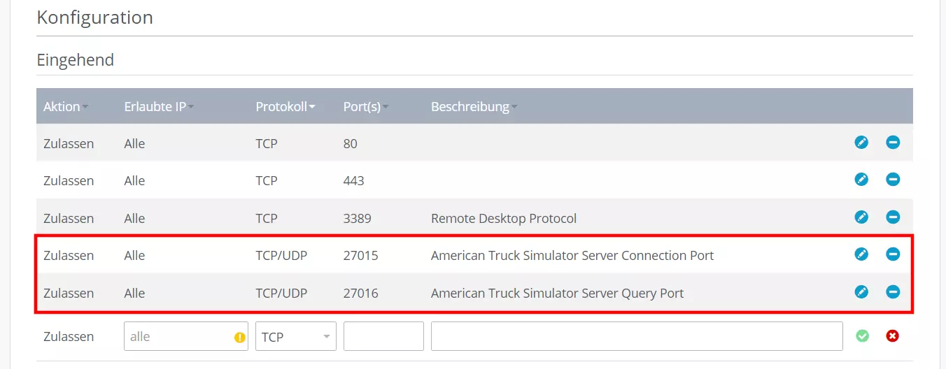Port für ATS-Server freigeben im IONOS Cloud Panel Bild: Port für ATS-Server freigeben im IONOS Cloud Panel