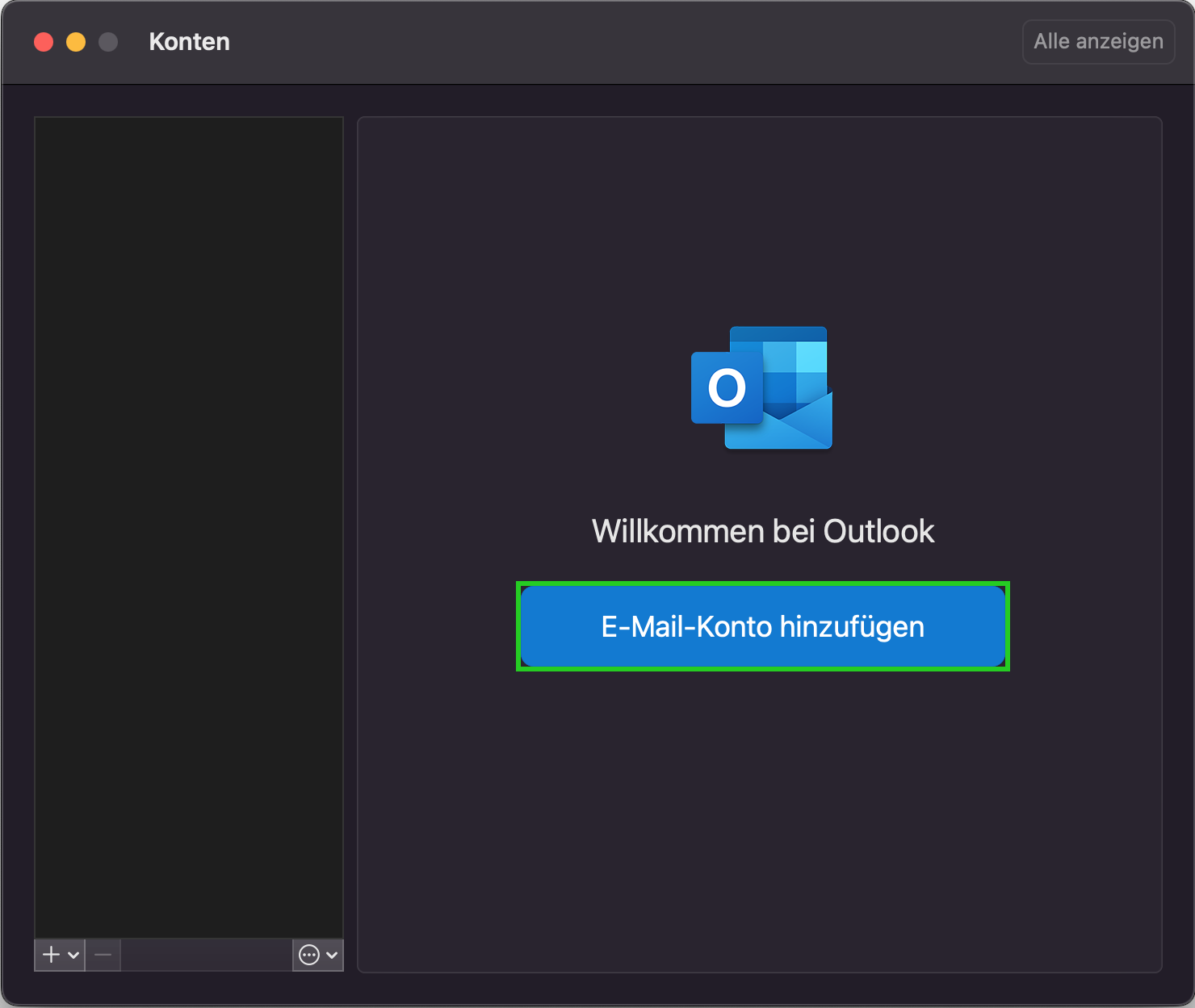 Screenshot: Das Fenster Willkommen bei Outlook wird angezeigt. In diesem Fenster ist die Schaltfläche E-Mail-Konto hinzufügen hervorgehoben.