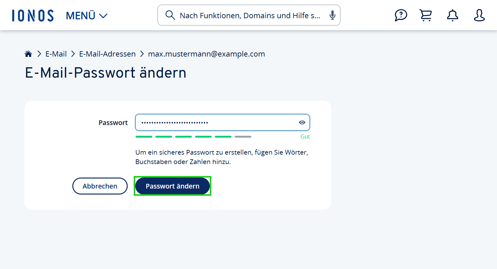 Screenshot der Seite E-Mail-Passwort ändern. Auf dieser Seite ist die Schaltfläche Password ändern hervorgehoben.