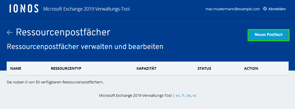 Screenshot der Seite Ihre Postfach-Übersicht. Auf dieser Seite ist die Schaltfläche Neues Postfach hervorgehoben.