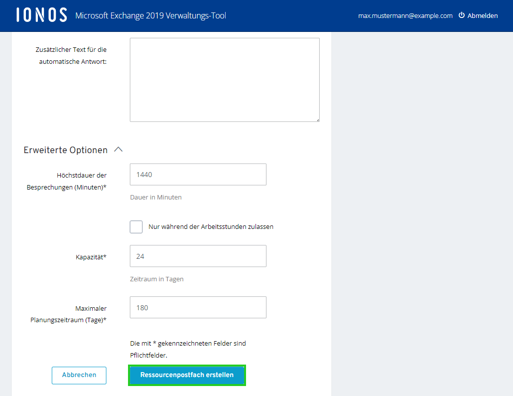 Screenshot der Seite Ressourcenpostfach erstellen. Auf dieser Seite ist die Schaltfläche Ressourcen-Postfach erstellen hervorgehoben.