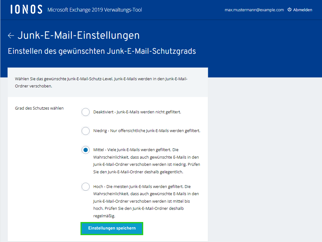 Screenshot der Seite Junk-E-Mail-Schutz. Auf dieser Seite sind die Einstellungen für den Junk-E-Mail-Schutz aufgeführt.
