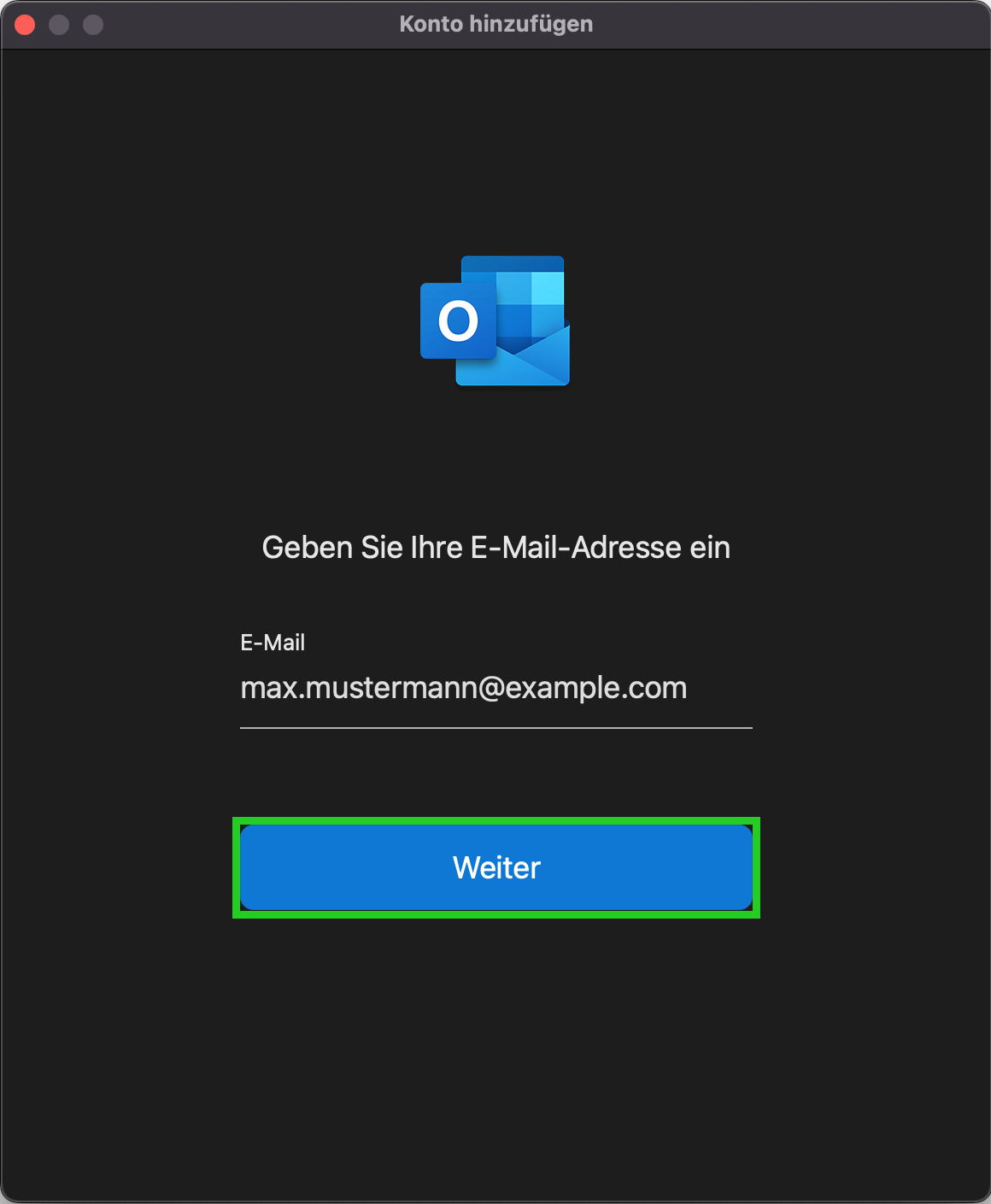 Screenshot: Das Fenster Konto hinzufügen mit dem Eingabefeld E-Mail wird angezeigt. In diesem Fenster ist die Schaltfläche Weiter hervorgehoben.