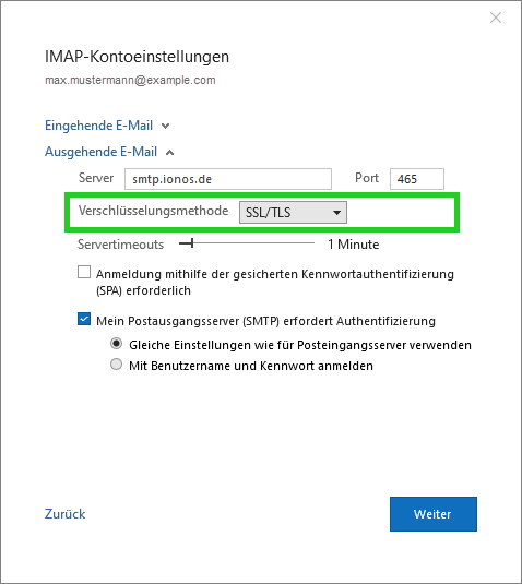 Screenshot: Das Fenster IMAP-Kontoeinstellungen wird angezeigt. In diesem Fenster ist das Feld Verschlüsselungsmethode mit der Einstellung SSL/TLS im Bereich Ausgehende E-Mail hervorgehoben. 