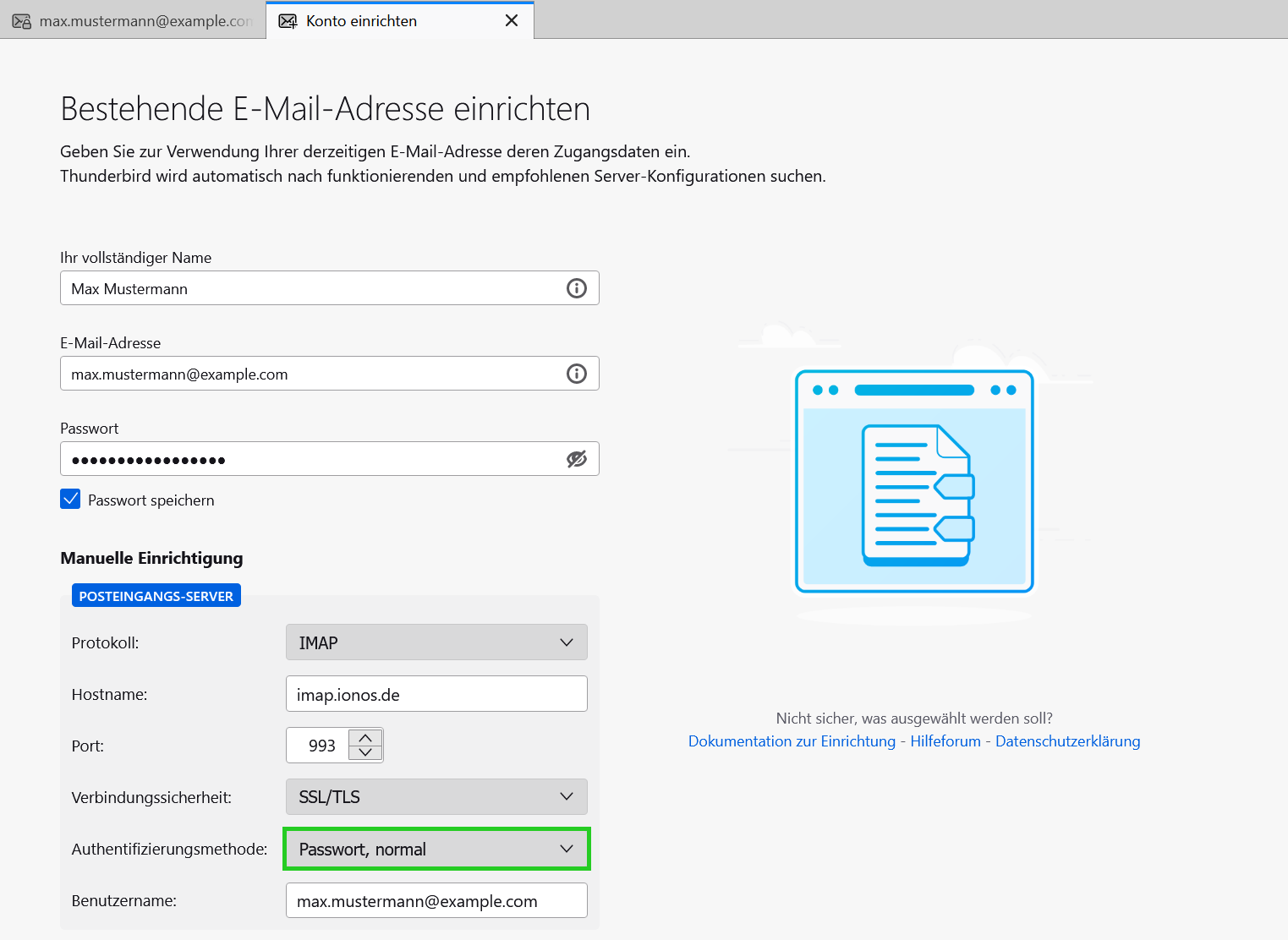 Screenshot: Der Tab Konto einrichten wird angezeigt. In diesem Tab ist im Bereich Posteingangs-Server die Liste Authentifizierungsmethode hervorgehoben.