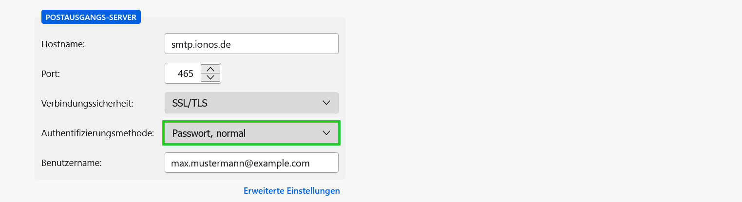 Screenshot: Der Tab Konto einrichten wird angezeigt. In diesem Tab ist im Bereich Postausgangs-Server die Liste Authentifizierungsmethode hervorgehoben.