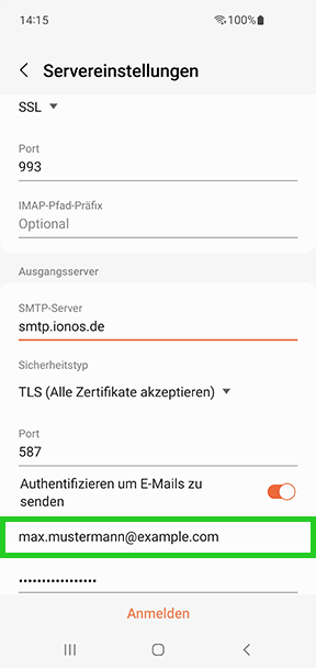 Screenshot: Der Screen Servereinstellungen wird angezeigt. In diesem Screen ist das Feld mit der E-Mail-Adresse hervorgehoben, das unter dem Menüpunkt Authentifizieren um E-Mails zu senden aufgeführt ist