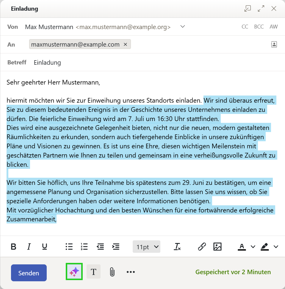 Screenshot: Eine E-Mail wird angezeigt. In der E-Mail ist der Text markiert, der zusammengefasst werden soll.