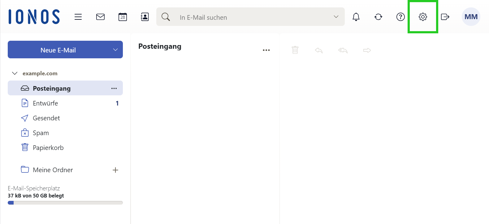 Screenshot des Dashboards in Webmail. In der Hauptnavigation ist das Zahnrad-Symbol hervorgehoben.