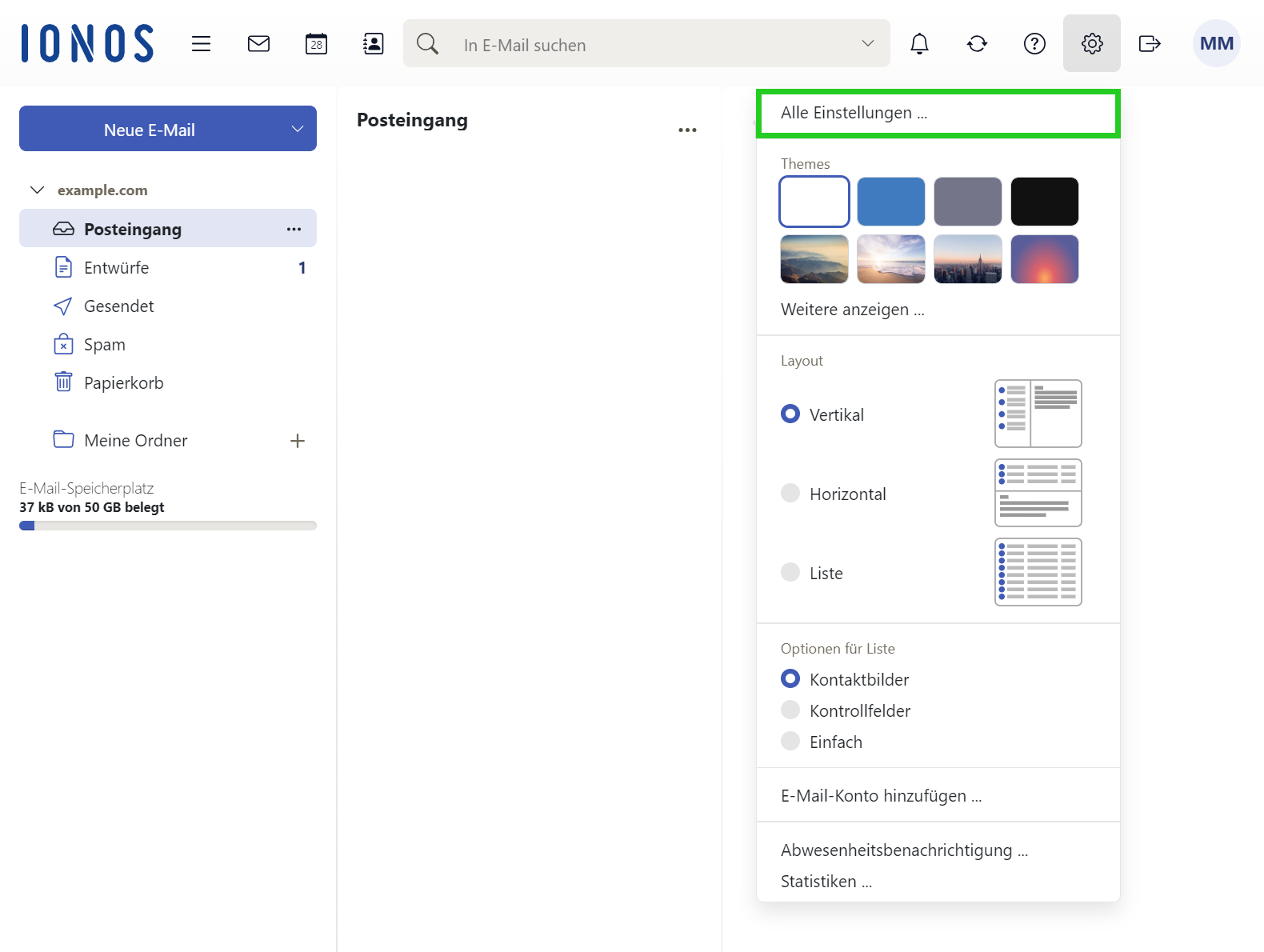 Screenshot: Liste mit den Einstellungen von Webmail. Der Menüpunkt Alle Einstellungen... ist hervorgehoben.