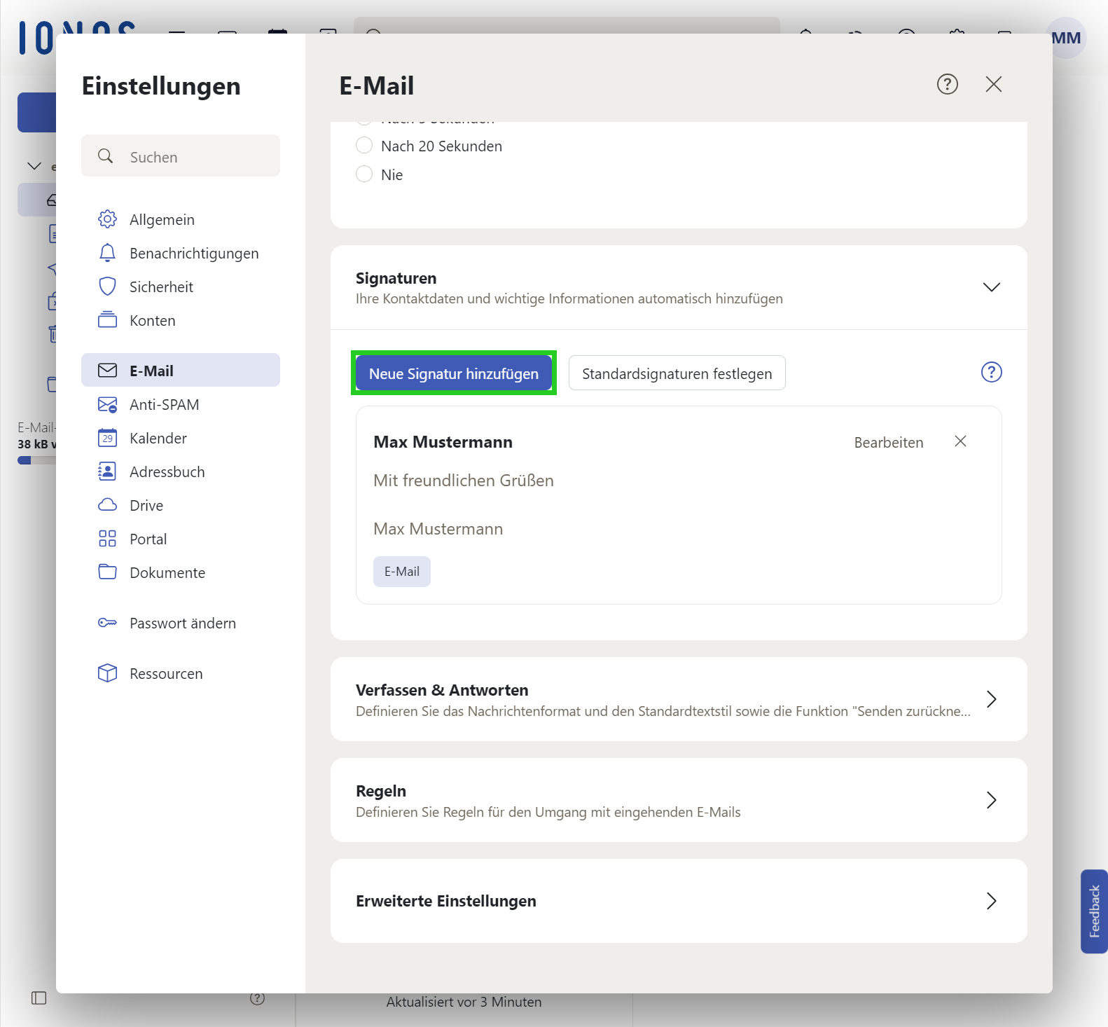 Screenshot: Im Fenster Einstellungen ist im Bereich E-Mail > Signaturen die Schaltfläche Neue Signatur hervorgehoben.