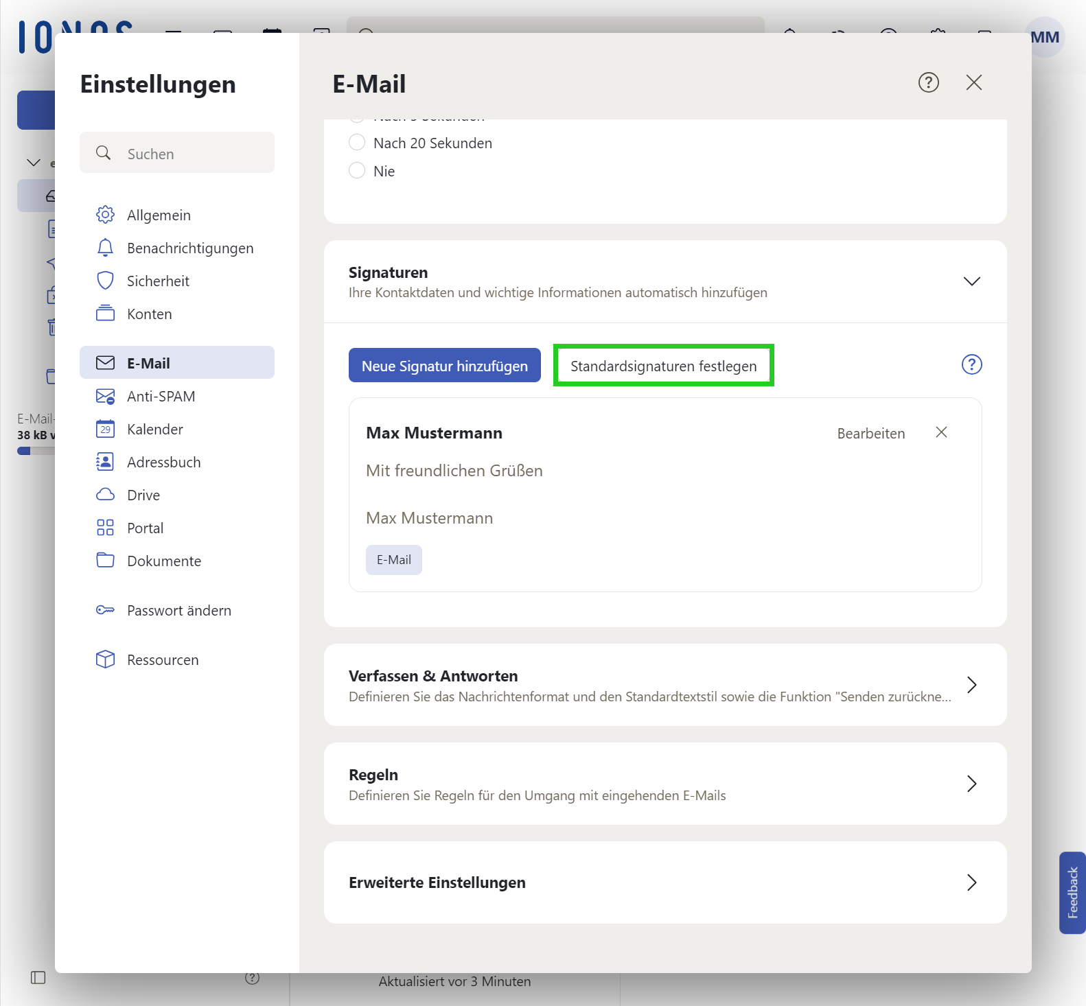 Screenshot: Im Fenster Einstellungen ist im Bereich E-Mail > Signaturen die Schaltfläche Standardsignaturen festlegen hervorgehoben.