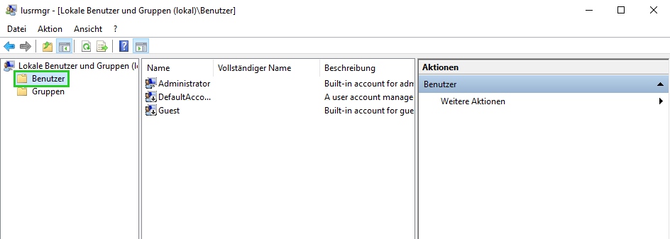 Screenshot: Das Fenster usrmgr - [Lokale Benutzer und Gruppen (lokal)]\Benutzer wird angezeigt. In diesem Fenster ist in der Naviatgionsleiste links der Ordner Benutzer hervorgehoben.  