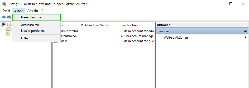 Screenshot: Das Fenster usrmgr - [Lokale Benutzer und Gruppen (lokal)]\Benutzer wird angezeigt. In diesem Fenster ist oben im Menü Aktion der Menüpunkt Neuer Benutzer hervorgehoben.  